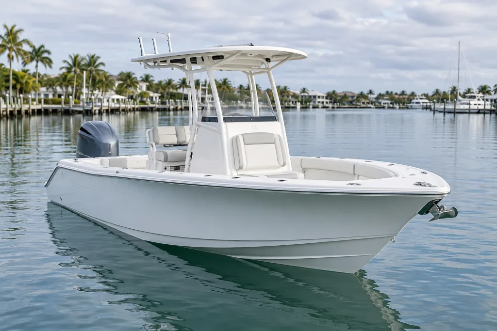 Center console boat in a marina