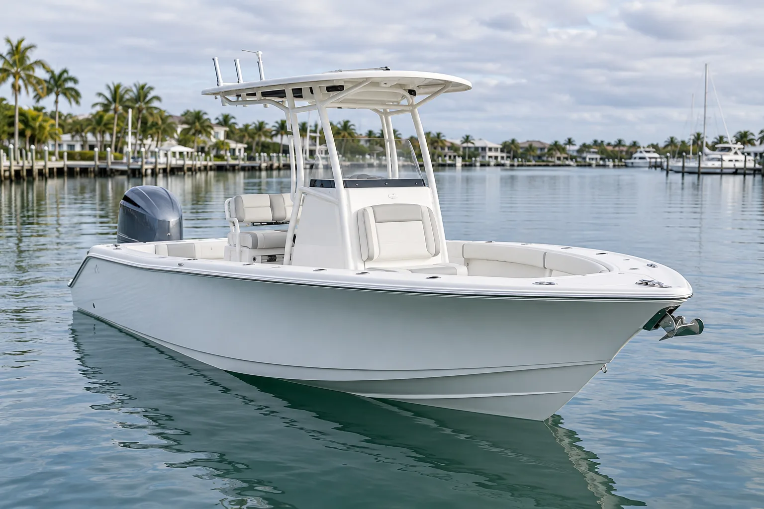 Center console boat in a marina