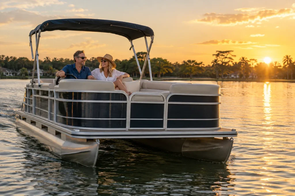 Couple on a pontoon boat at sunset