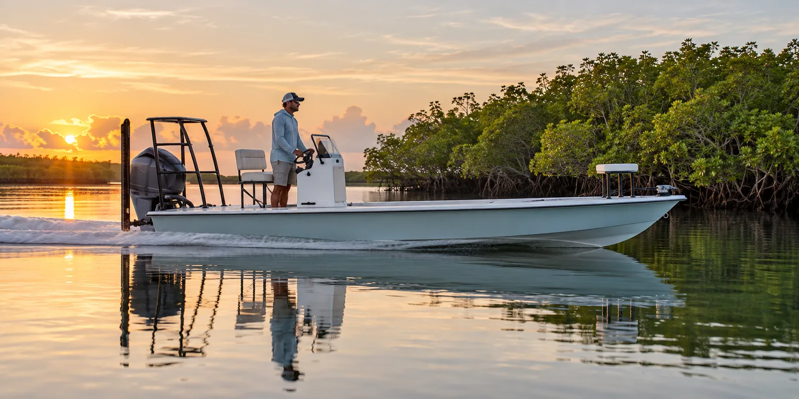Flats skiff on the water at sunrise