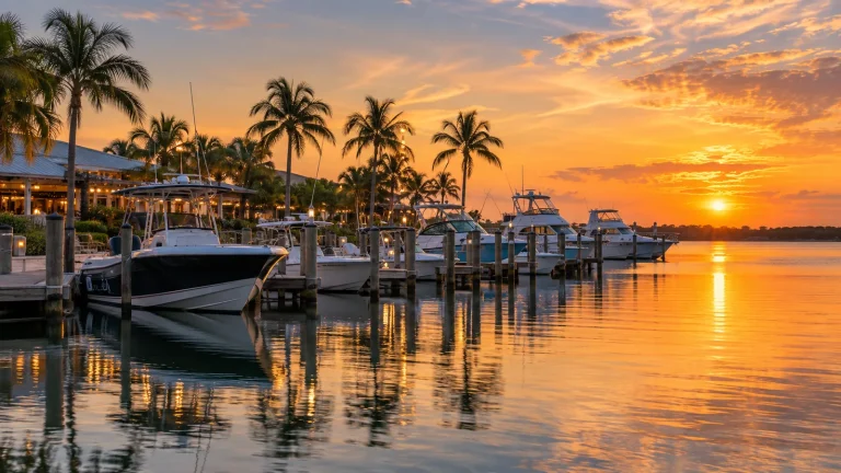 Marina at sunset with boats in their slips